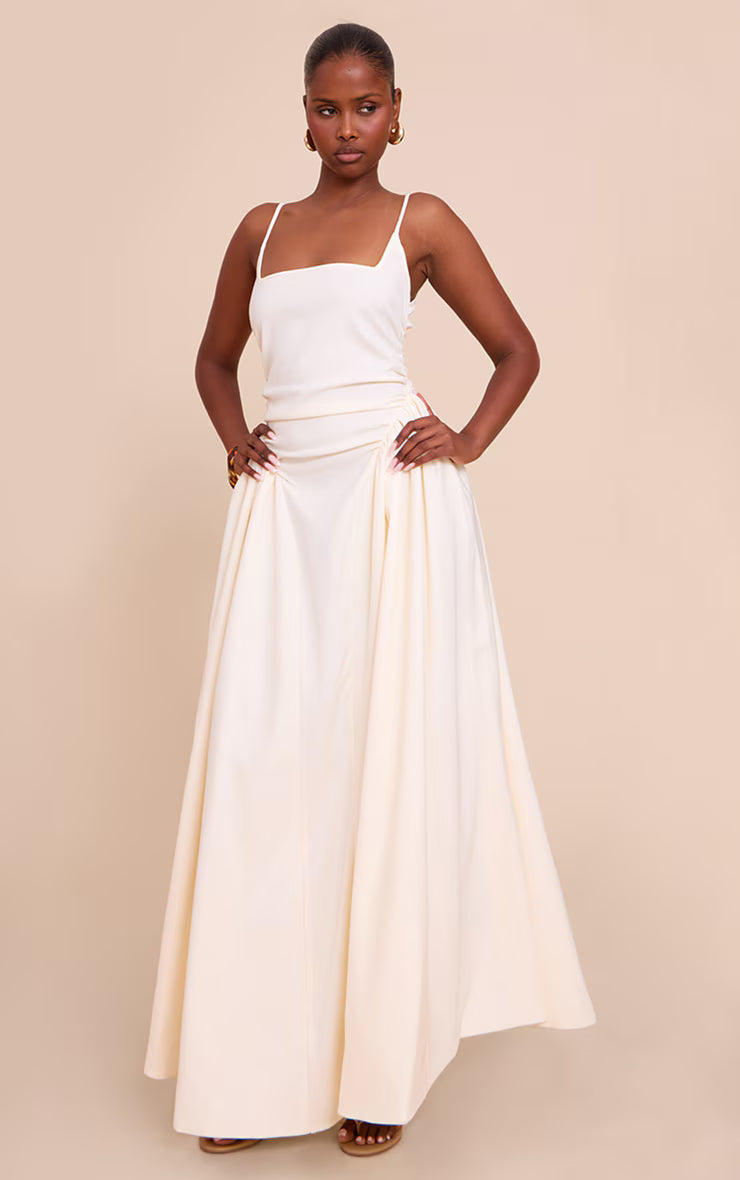 Cream Woven Ruched Strappy Midi Dress