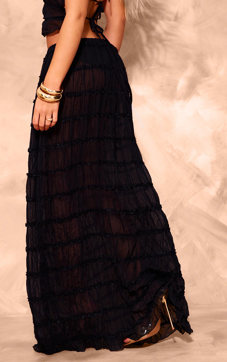 Black Chiffon Ruched Netting Detail Maxi Skirt