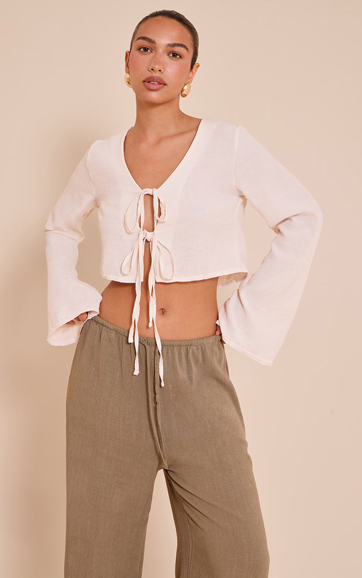 Sand Textured Tie Front Detail Blouse