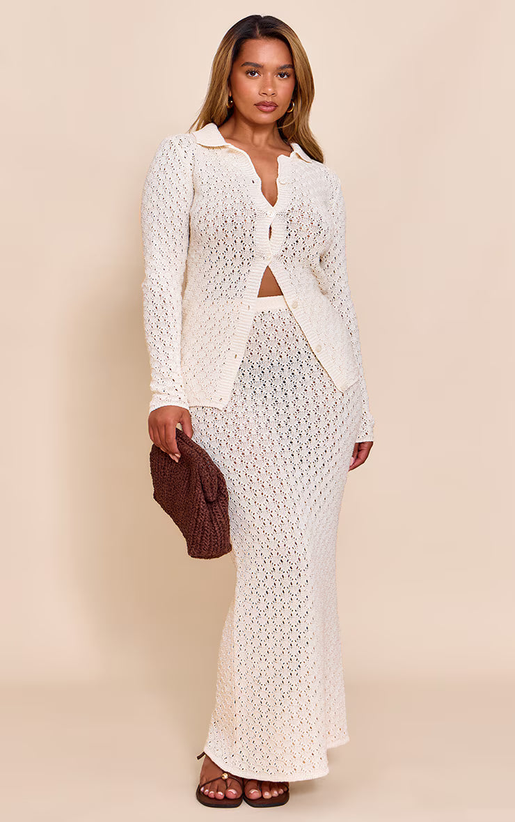 Shape Cream Crochet Button Front Polo Top