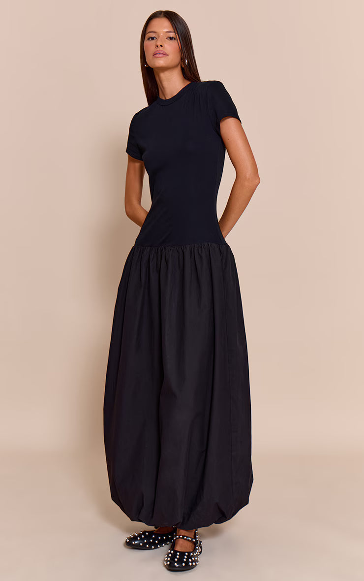 Black Dropped Waist T Shirt Puff Ball Hem Maxi Dress