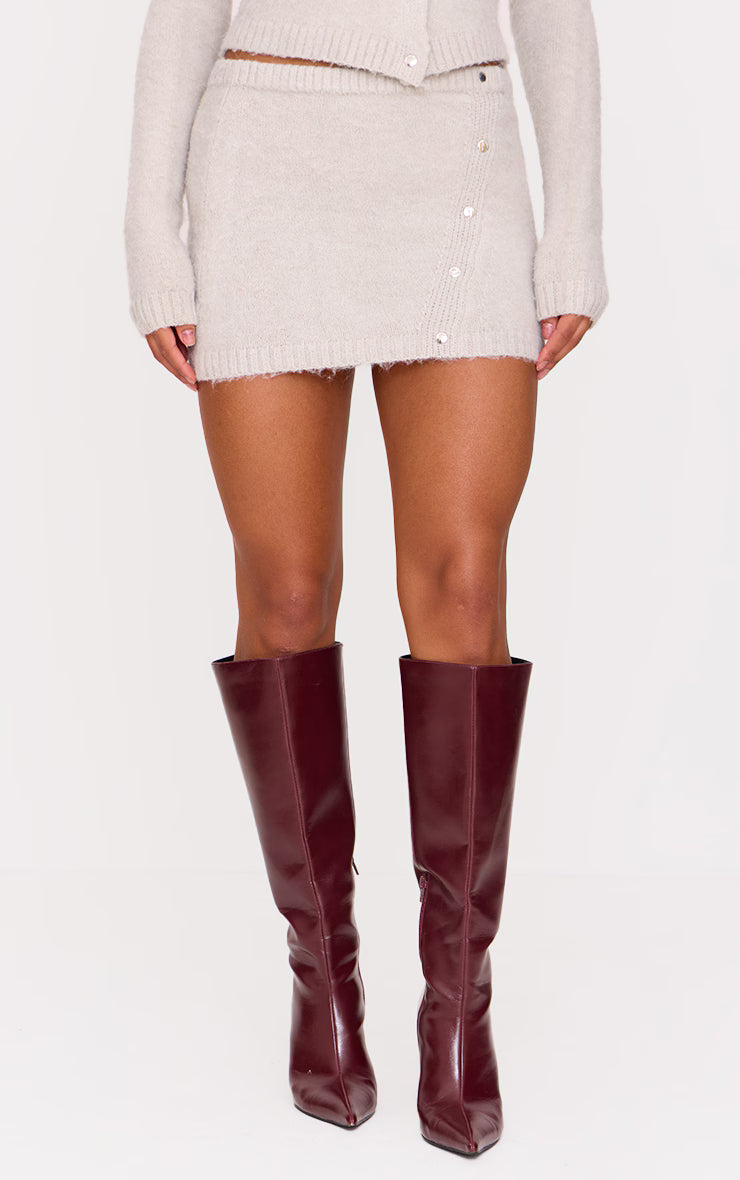 Grey Soft Knit Asymmetric Popper Detail Mini Skirt