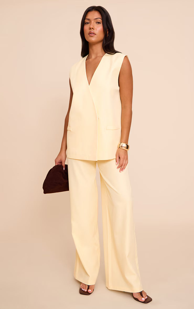 Butter Yellow Woven Extreme Wide Leg Pleated Mid Rise Wide Leg Pants