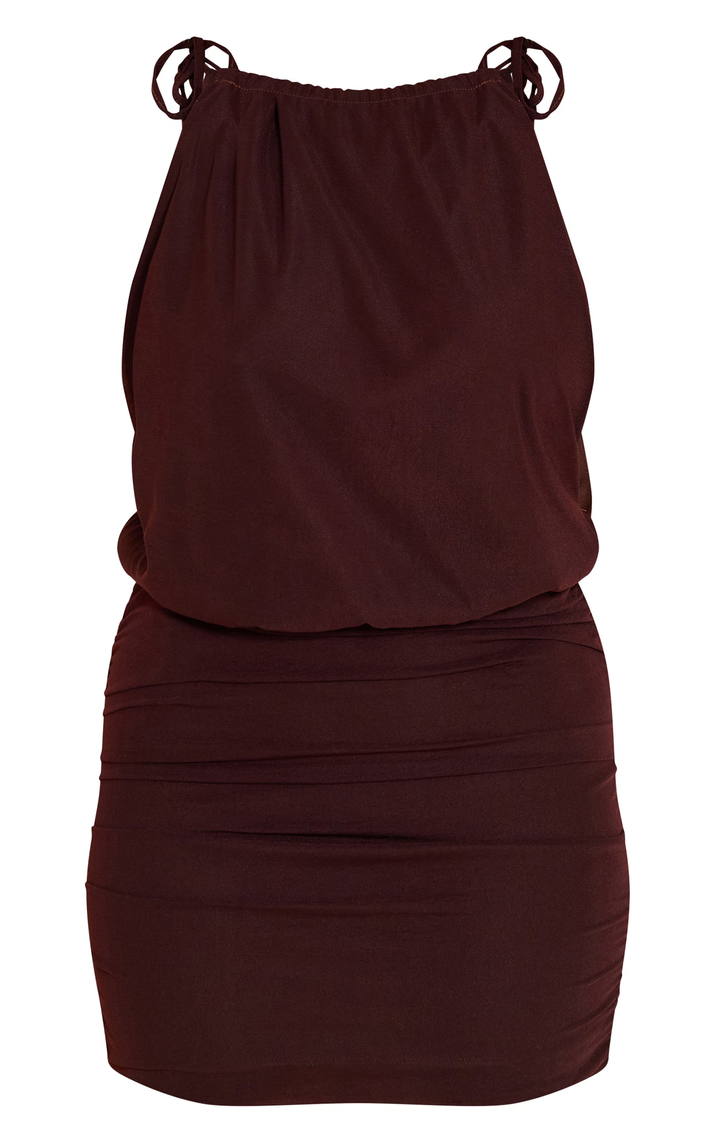 Shape Chocolate Ruched Tie Neck Mini Dress