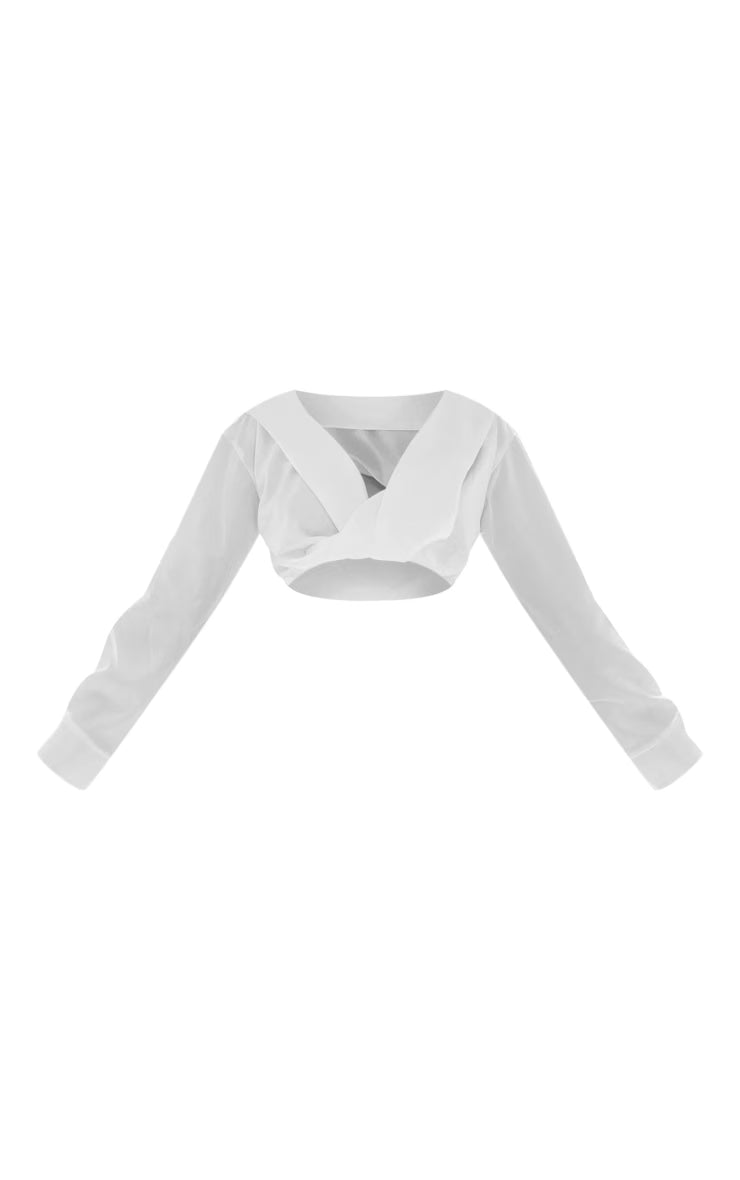 White Satin Bardot Twist Front Crop Blouse