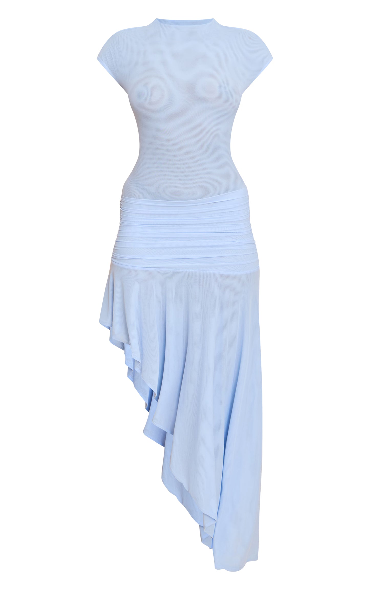 Baby Blue Double Mesh Ruched Waist Midi Dress