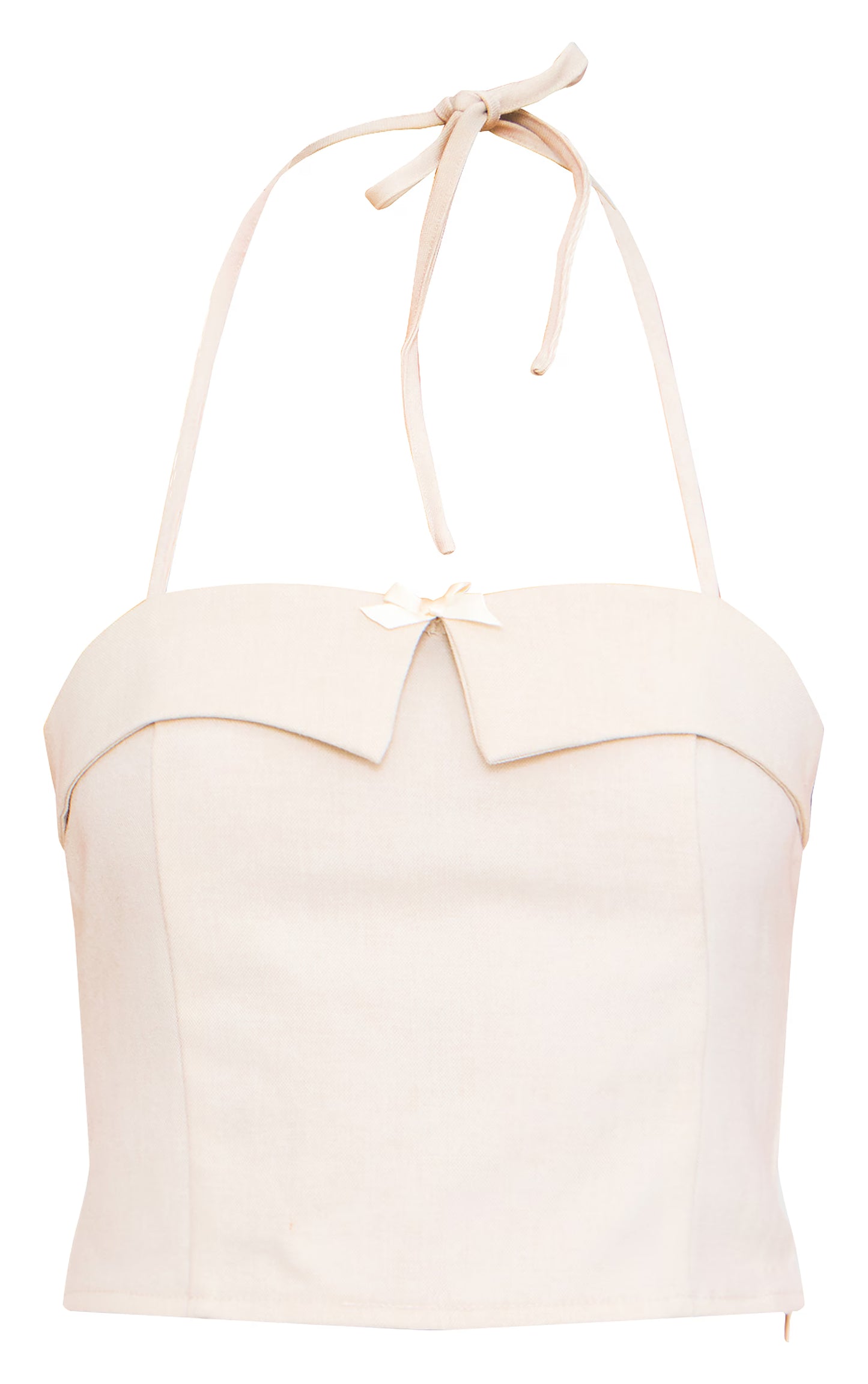 Cream Bow Detail Tie Neck Halterneck Crop Top