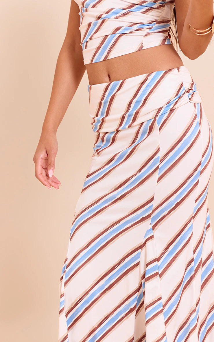 Cream Stripe Foldover Ruched Detail Midi Skirt