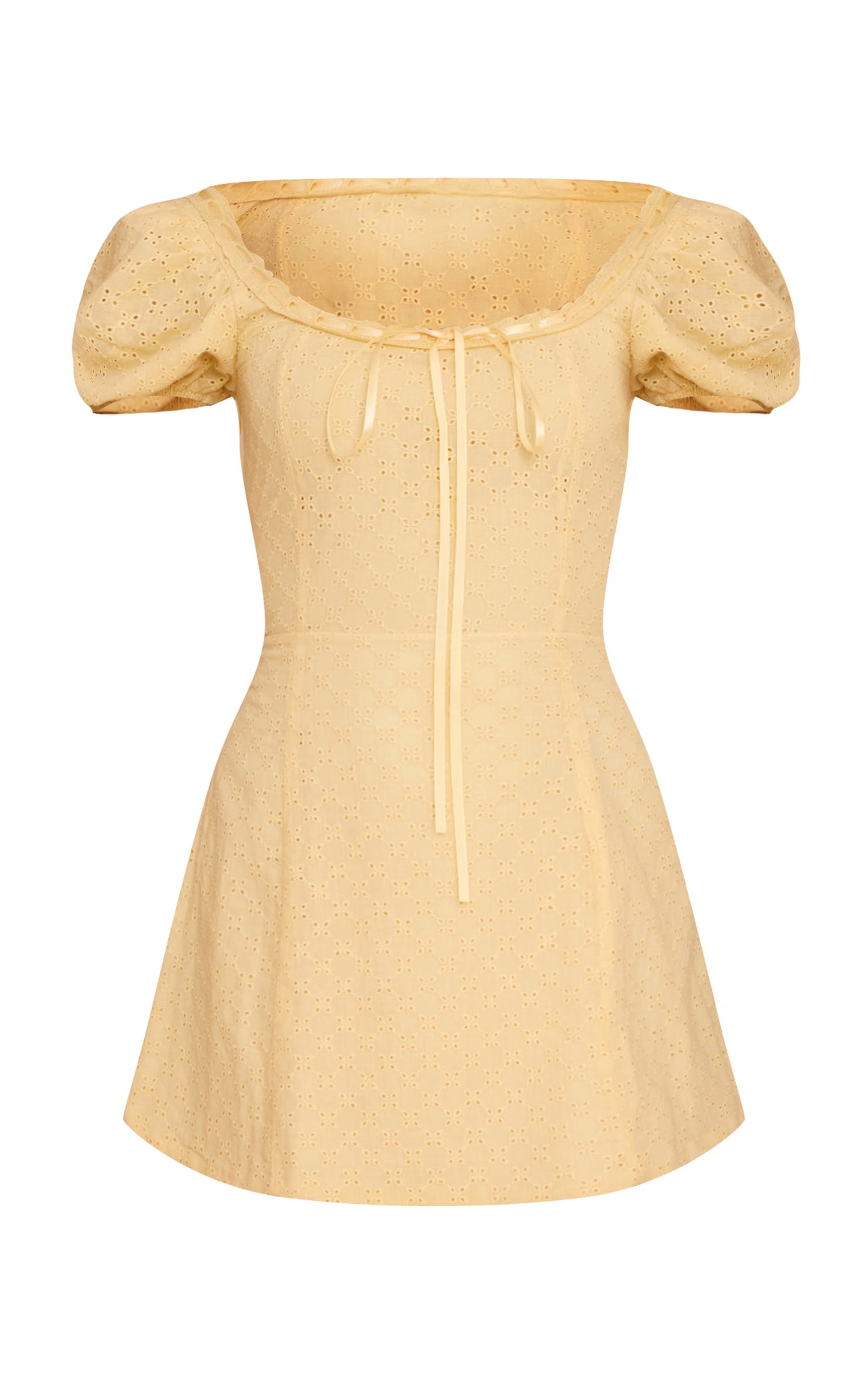 Yellow Broderie Puff Sleeve A-line Mini Dress