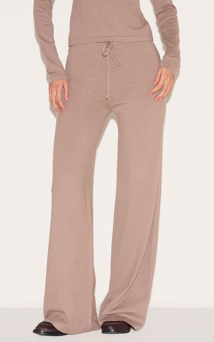 Deep Taupe Soft Knit Drawstring Waist Wide Leg Pants