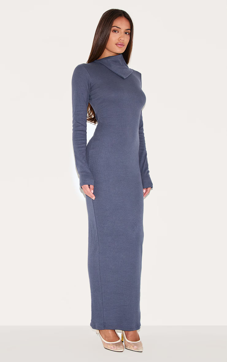 Navy Rib Oversized Collar Maxi Dress