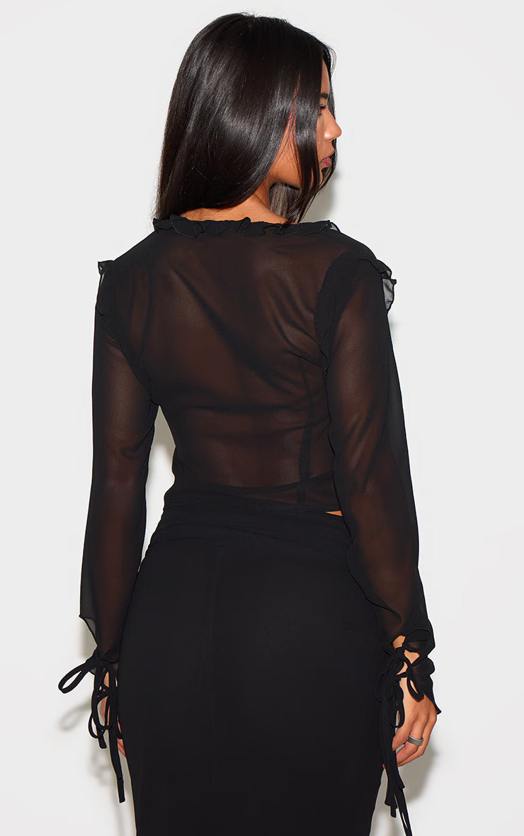 Black Chiffon Ruffle Tie Front Blouse