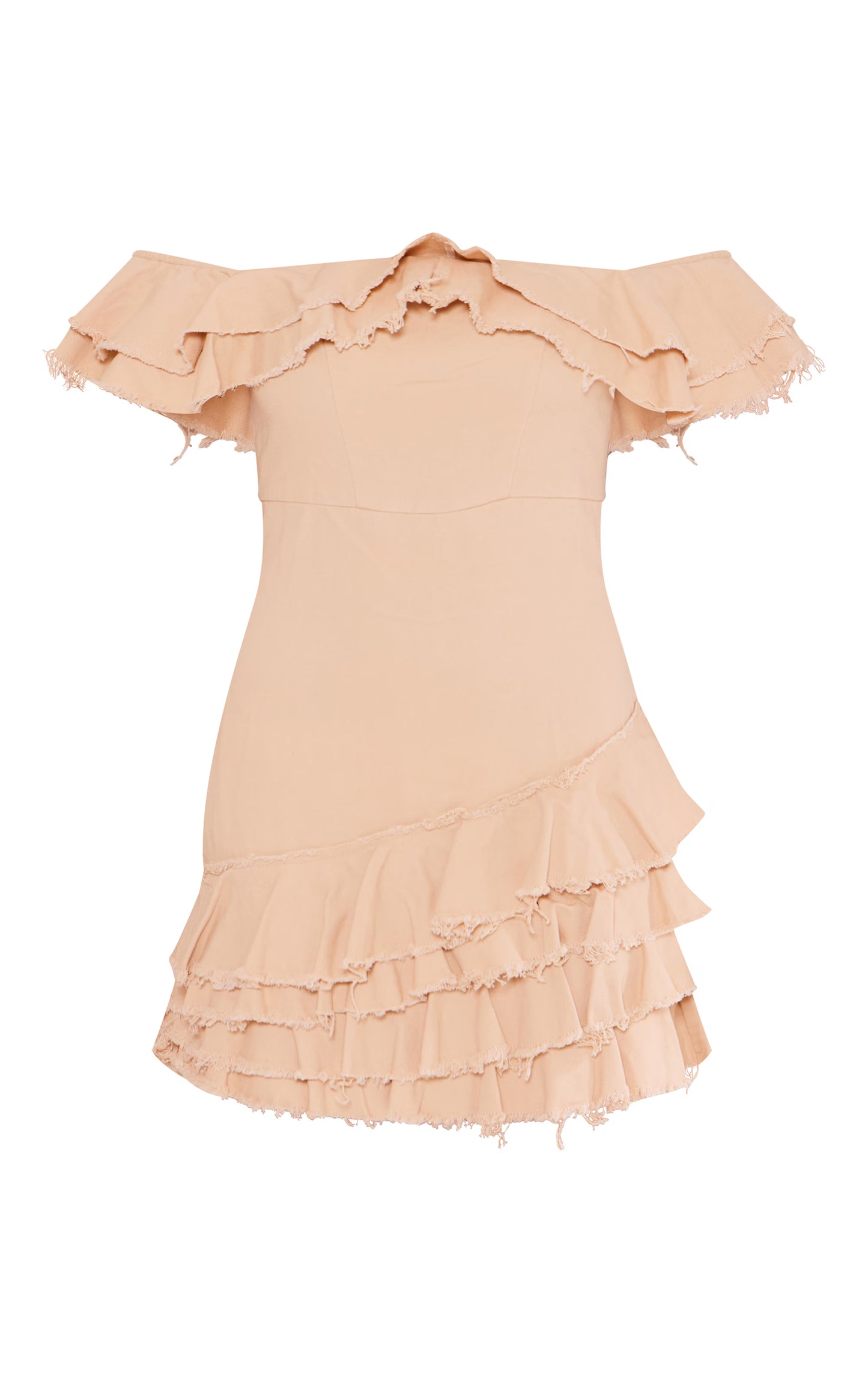 Cream Twill Bardot Frayed Edge Tiered Shift Dress