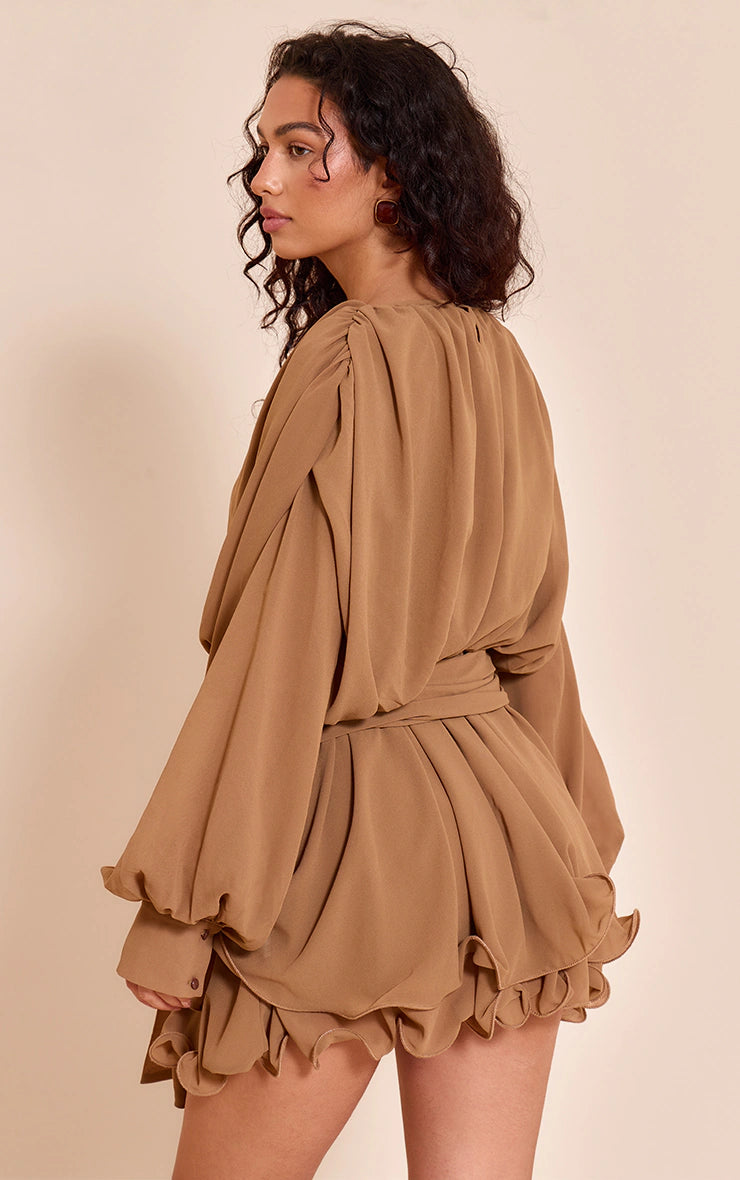 Chocolate Floaty Tie Detail Long Sleeve Shift Dress