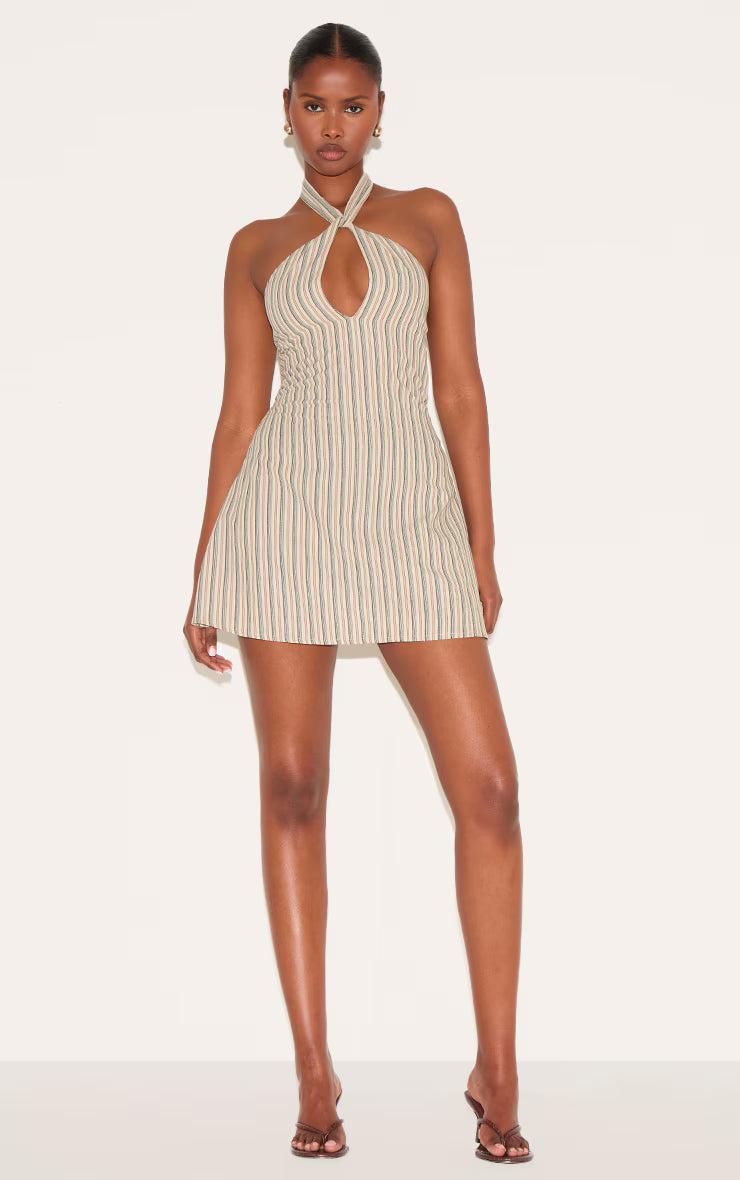 Stone Striped Halterneck Shift Dress