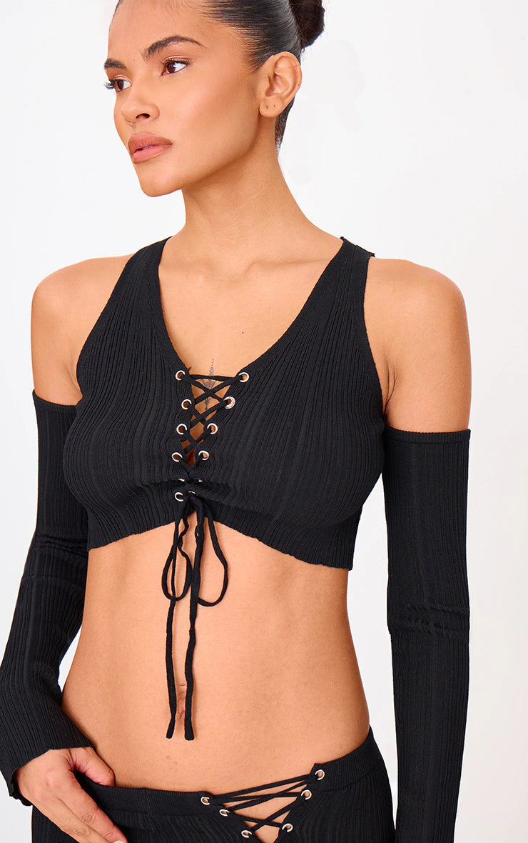 Black Textured Rib Knit Lace Up Cold Shoulder Top