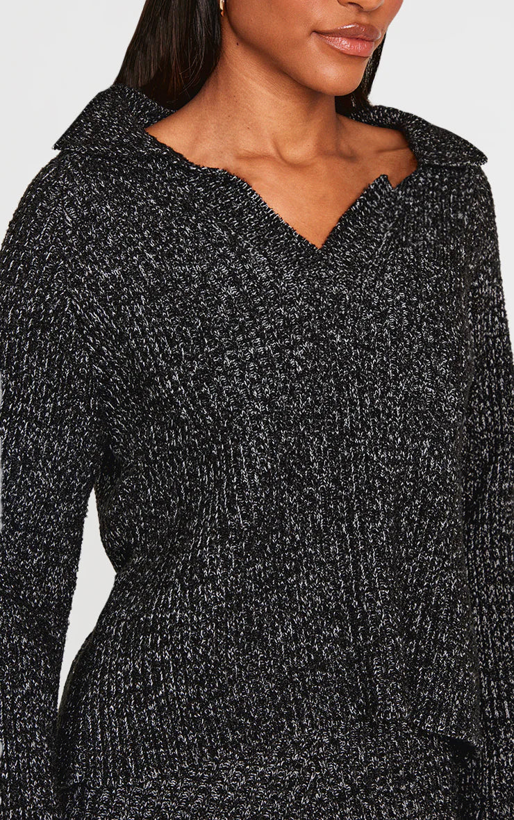 Black Marl Knit V Neck Oversized Sweater