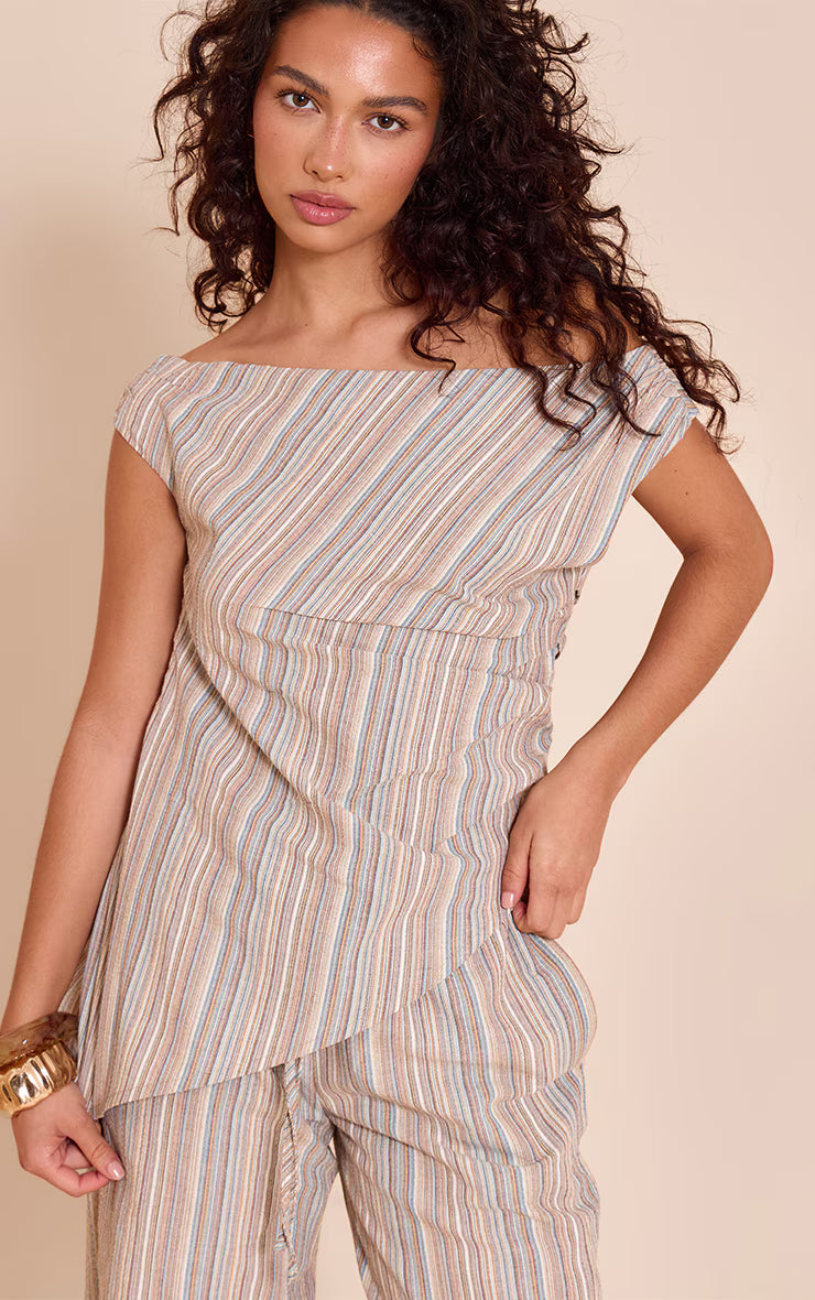 Multi Textured Stripe One Shoulder Asymmetric Long Top
