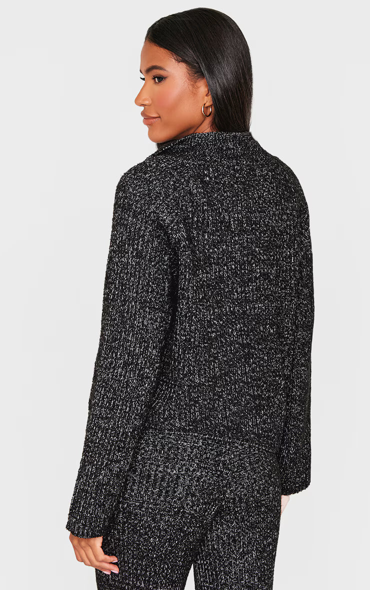 Black Marl Knit V Neck Oversized Sweater