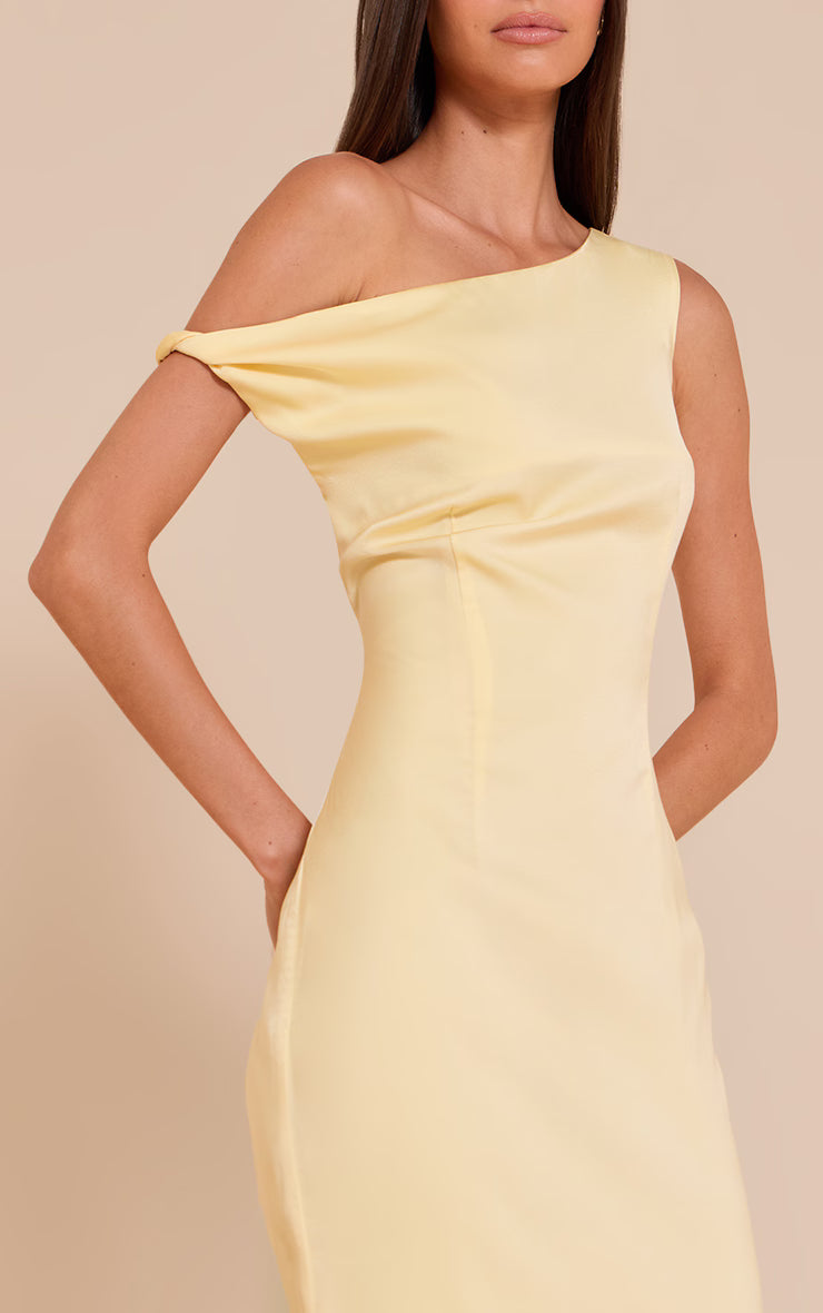 Lemon Satin Asymmetric Bardot Twist Maxi Dress