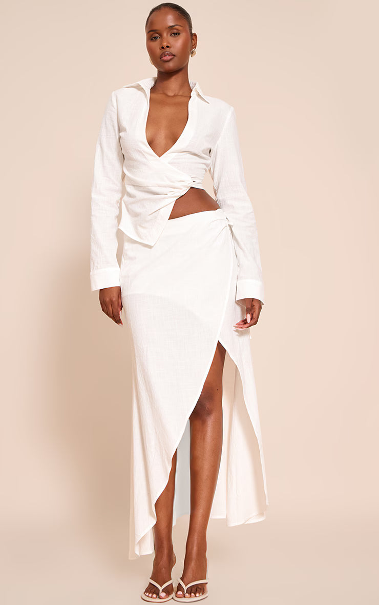 White Linen Look Twist Plunge Shirt