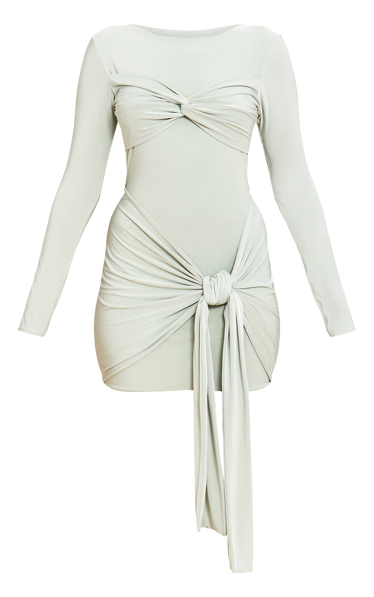 Sage Slinky Long Sleeve Wrap Twist Detail Mini Dress