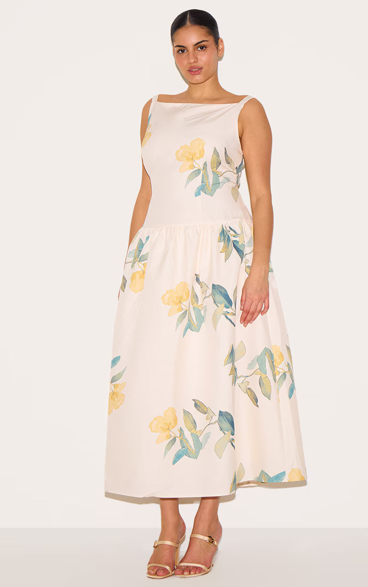 Plus Yellow Floral Printed Dropped Waist Midaxi Dress