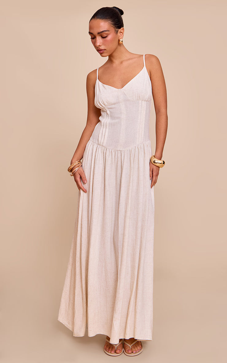 Natural Textured Woven Pleat Detail Maxi Dress