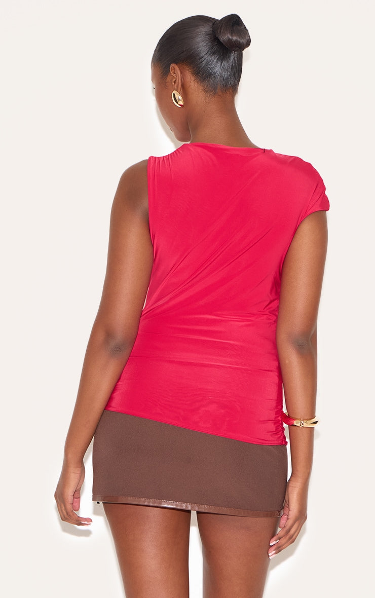 Red Double Layer Slinky Ruched Detail Longline Top