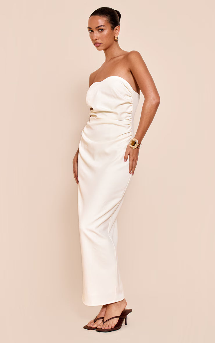 White Woven Tailored Bandeau Ruched Midaxi Dress