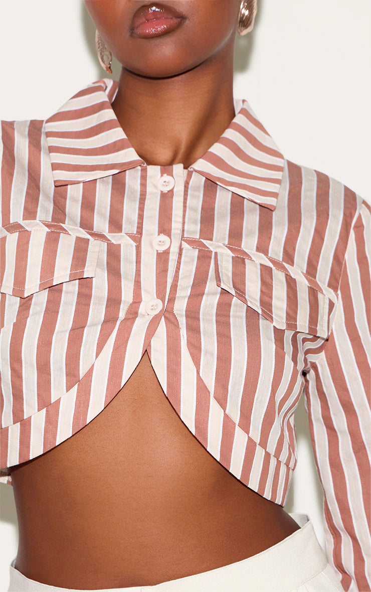 Brown Striped Curved Hem Cropped Shirt