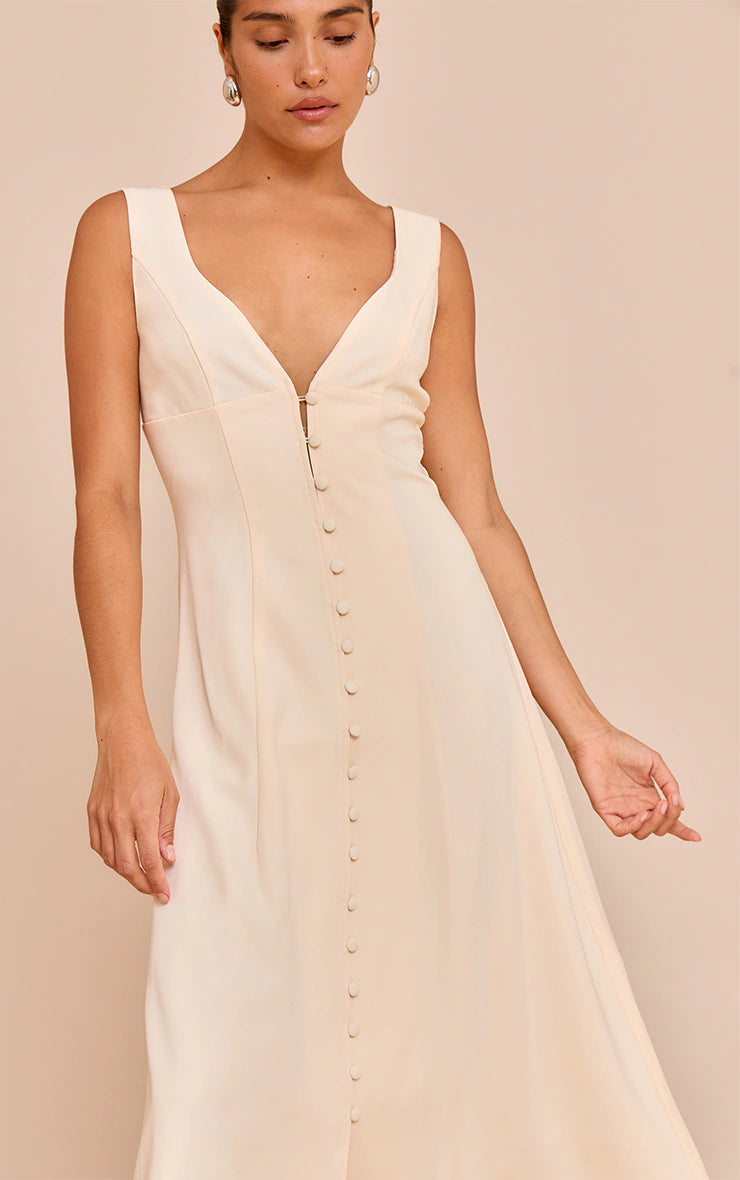 Petite Butter Cream Plunge Button Up Midi Dress