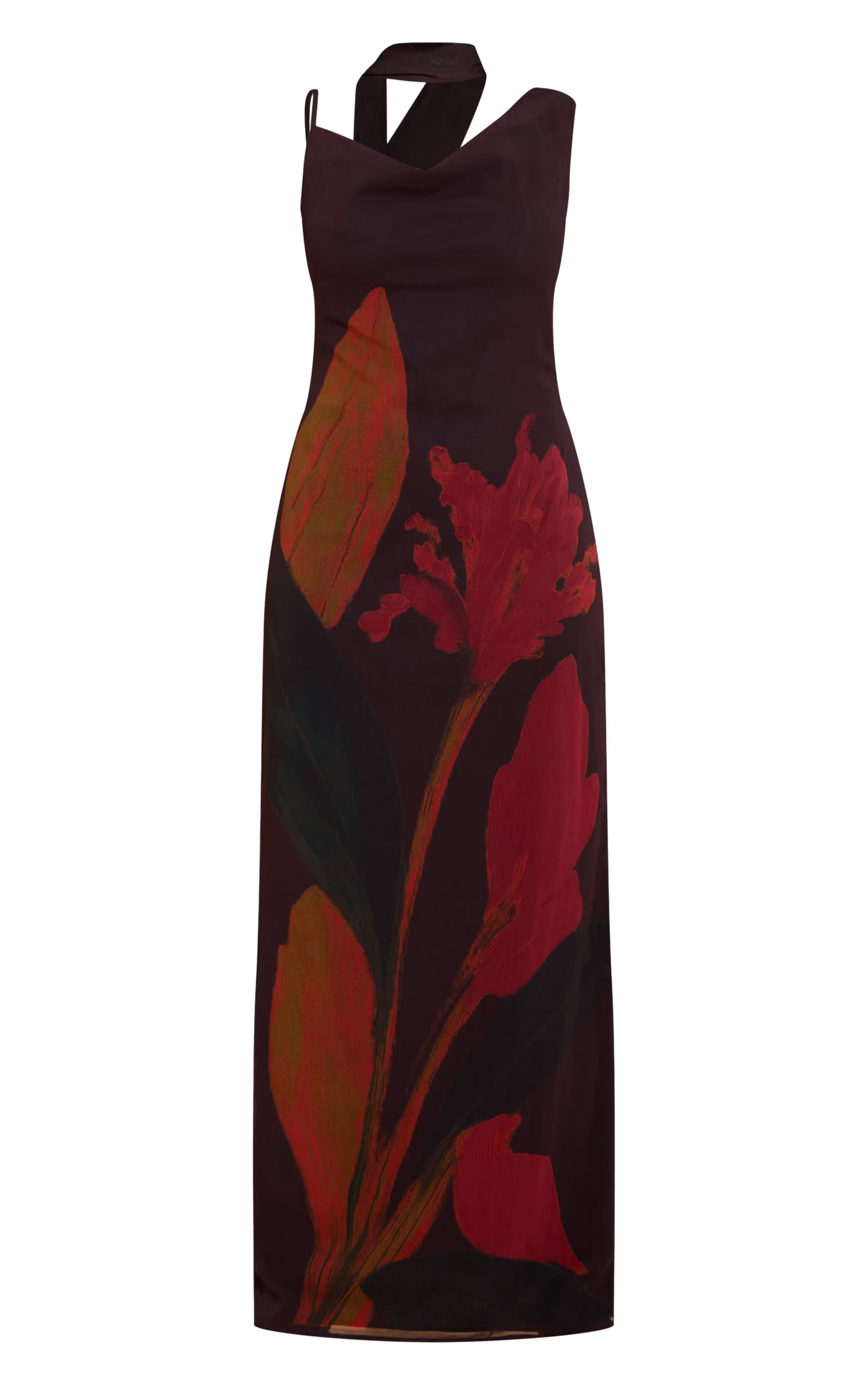 Black Floral Print Chiffon Scarf Maxi Dress