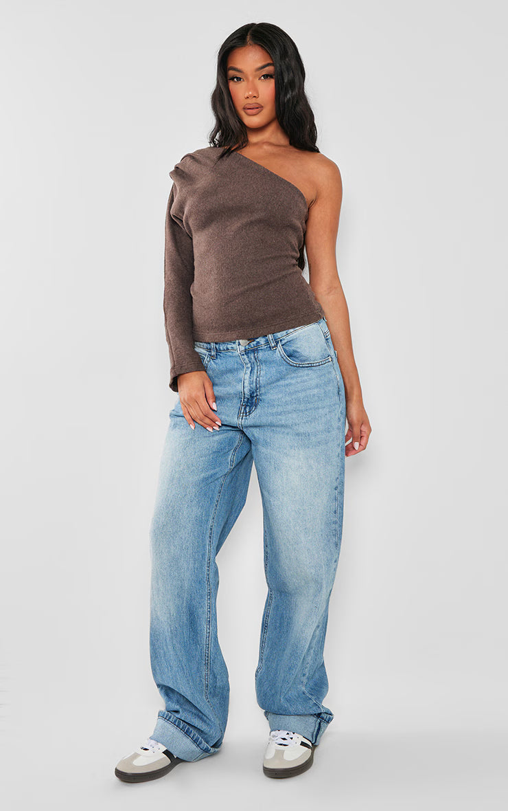 Chocolate Brushed Rib Asymmetric Shoulder Long Top