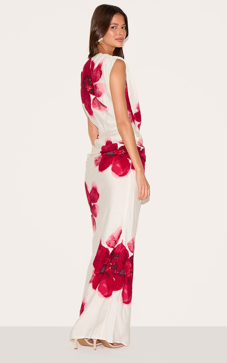 Red Printed Cowl Ruched Detail Maxi Dress