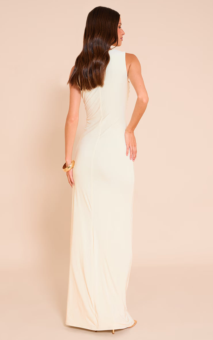Almond Double Layer Soft Touch Extreme Ruched Maxi Dress