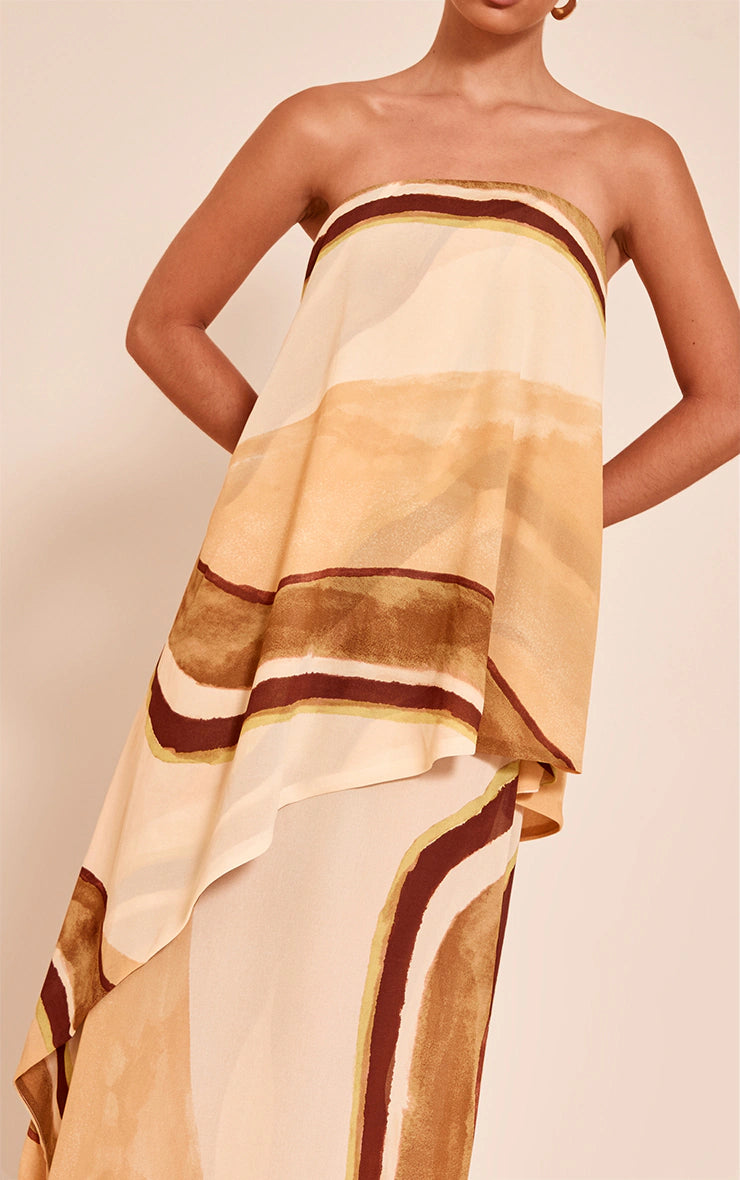 Green Abstract Chiffon Bandeau Overlay Maxi Dress