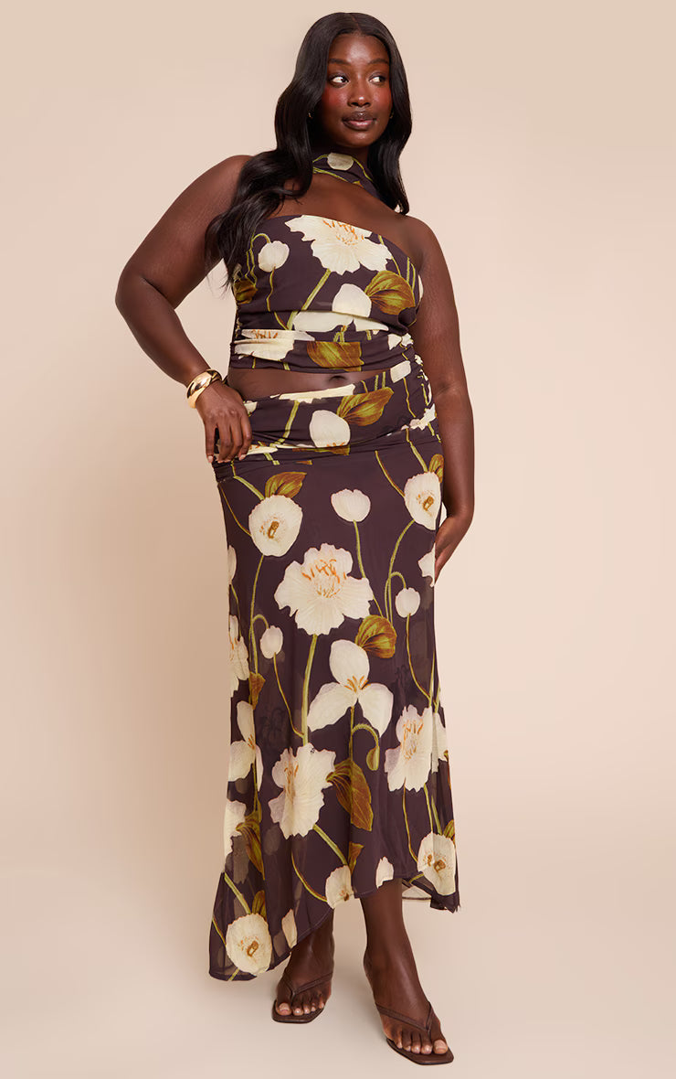 Plus Dark Chocolate Floral Printed Chiffon Scarf Detail Ruched Bandeau Top