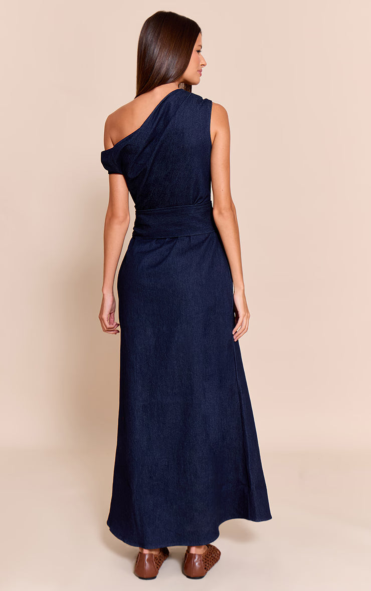 Indigo Blue Chambray Denim Ruched Belted Midaxi Dress