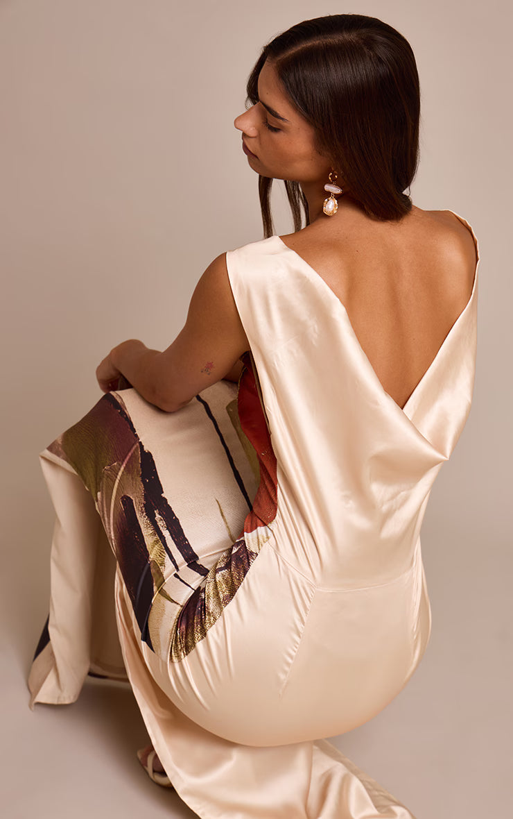 Cream Floral Printed Satin Maxi Dress