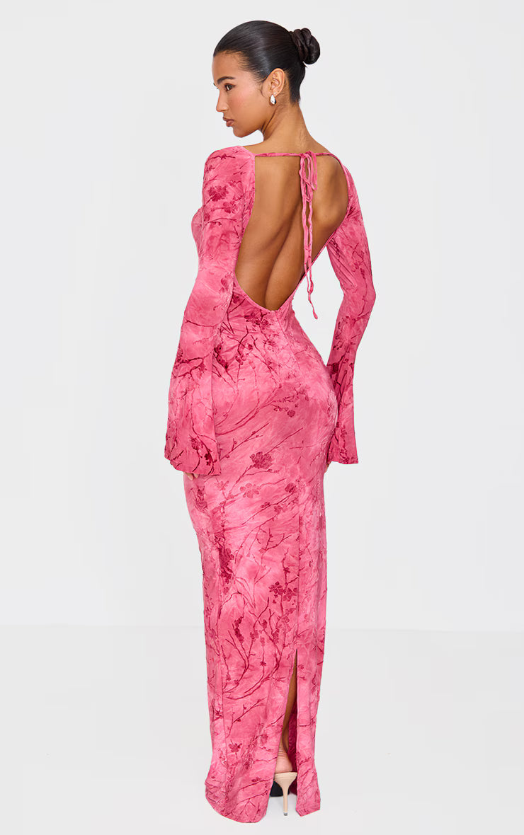 Pink Floral Devore Long Sleeve Maxi Dress