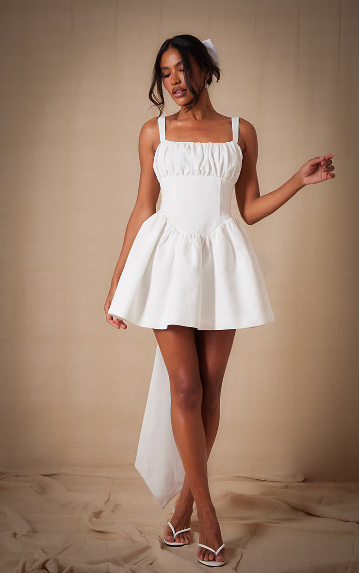 Premium White Woven Bow Detail Mini Dress
