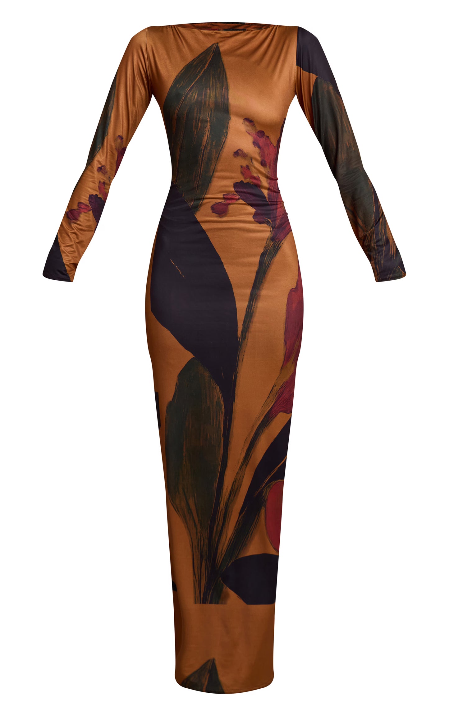 Dark Chocolate Floral Printed Slinky Long Sleeve Maxi Dress