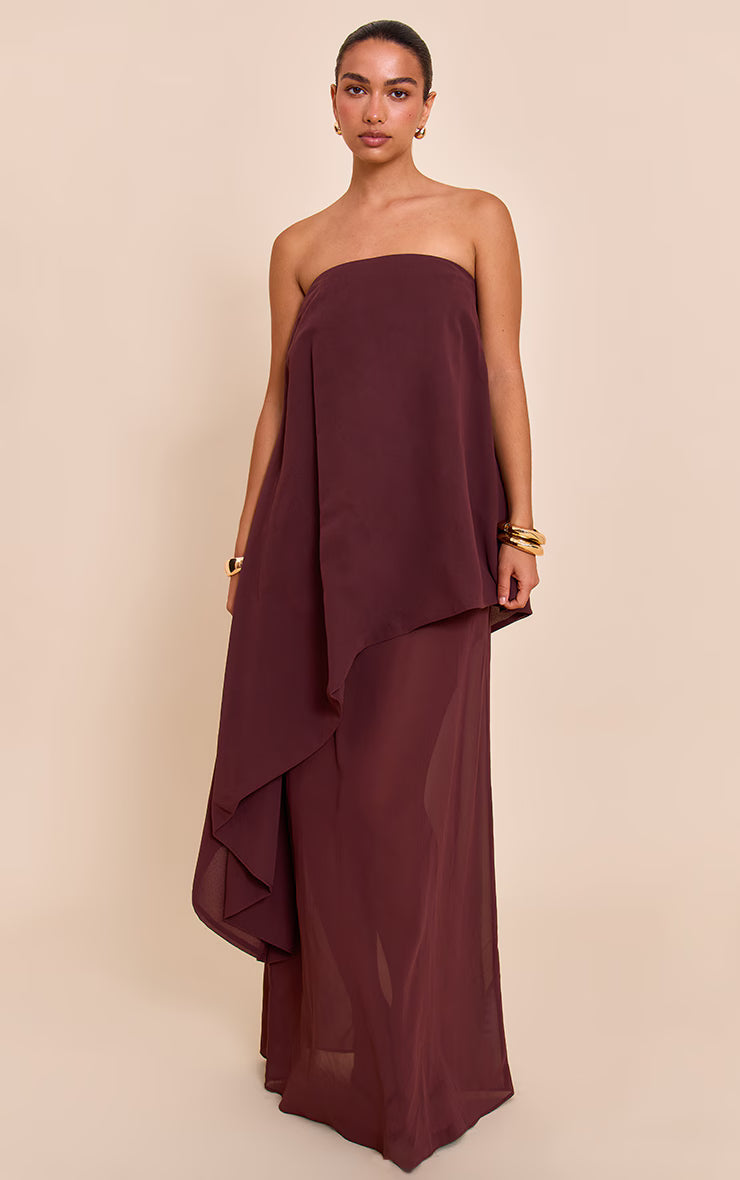Chocolate Chiffon Bandeau Overlay Maxi Dress