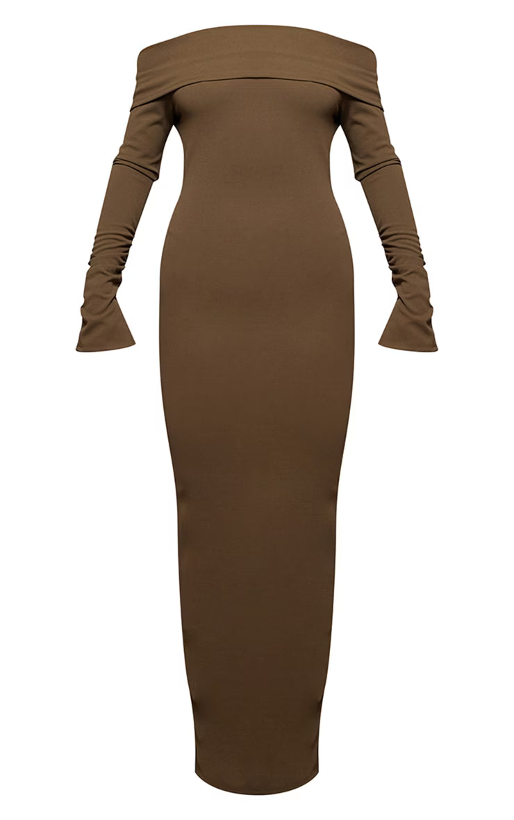 Khaki Crepe Long Sleeve Bardot Maxi Dress