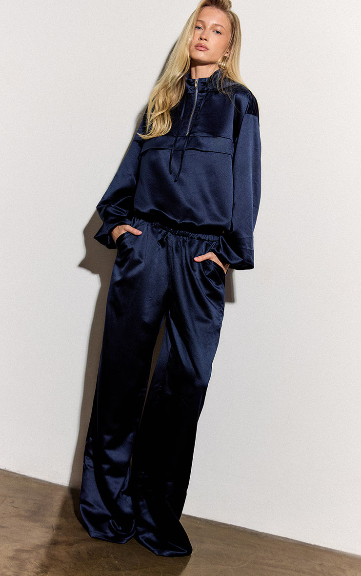Navy Satin Zip Up Hooded Pullover Jacket