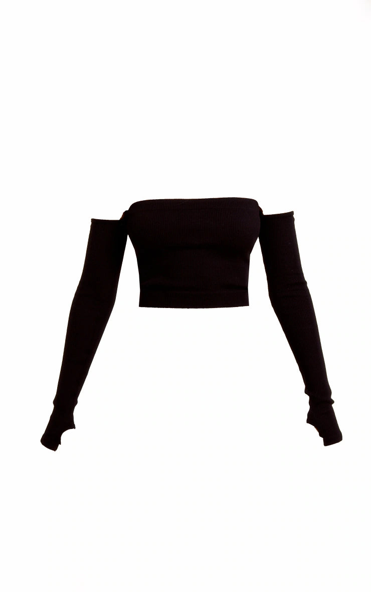 Black Structured Snatched Rib Bardot Crop Top