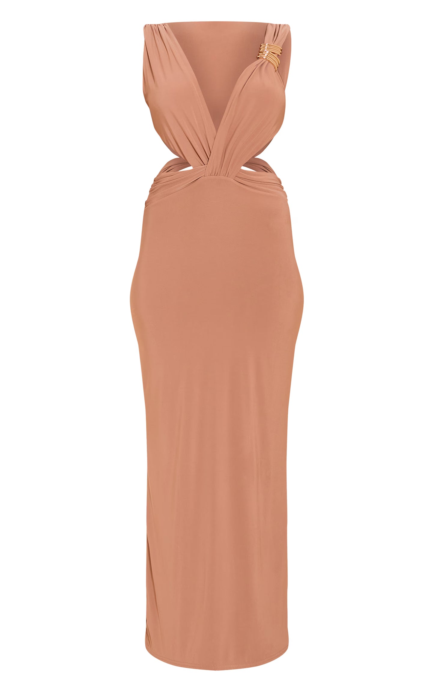 Beige Double Layer Slinky Plunge Cut Out Maxi Dress
