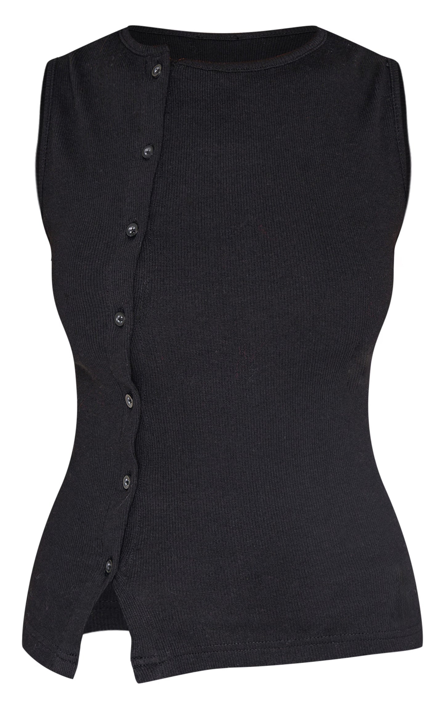 Black Ribbed Asymmetric Button Up Vest Top