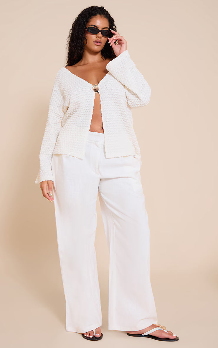 Plus Cream Textured Oversized Trim Detail Long Sleeve Top